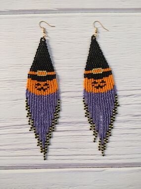 Handmade Beaded Halloween Pumpkin Dangle Earrings - Black, Orange & Purple